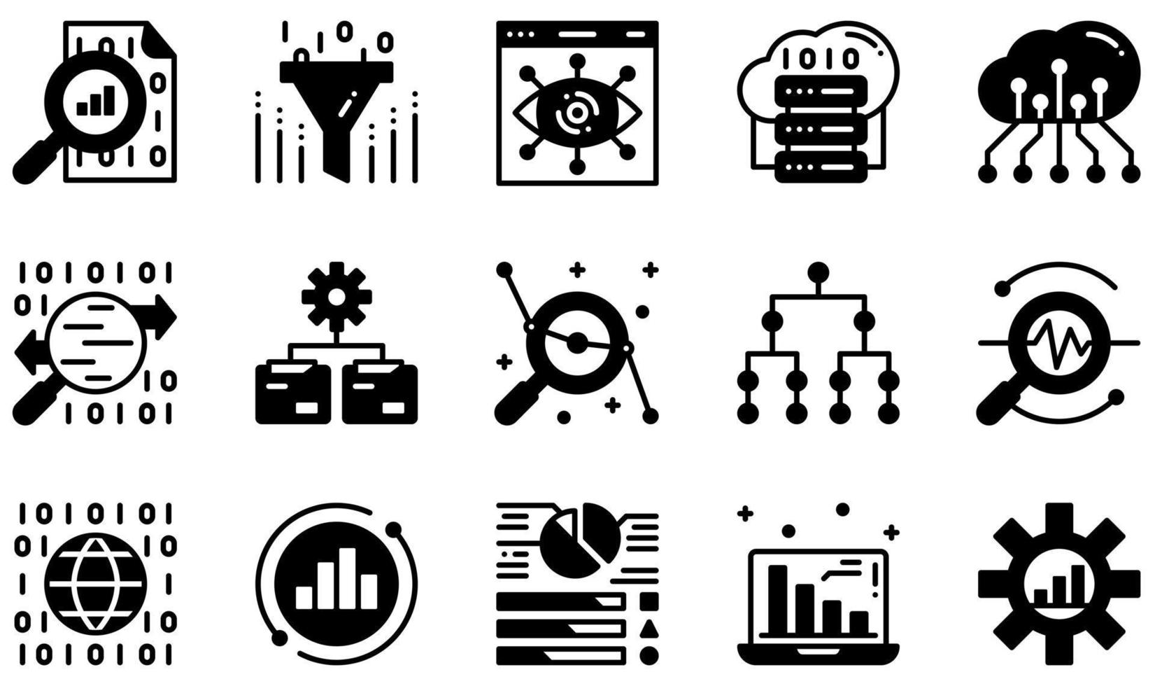 conjunto de iconos vectoriales relacionados con el análisis de datos. contiene íconos como visualización de datos, big data, datos en la nube, análisis de tráfico, datos globales, estadísticas y más. vector