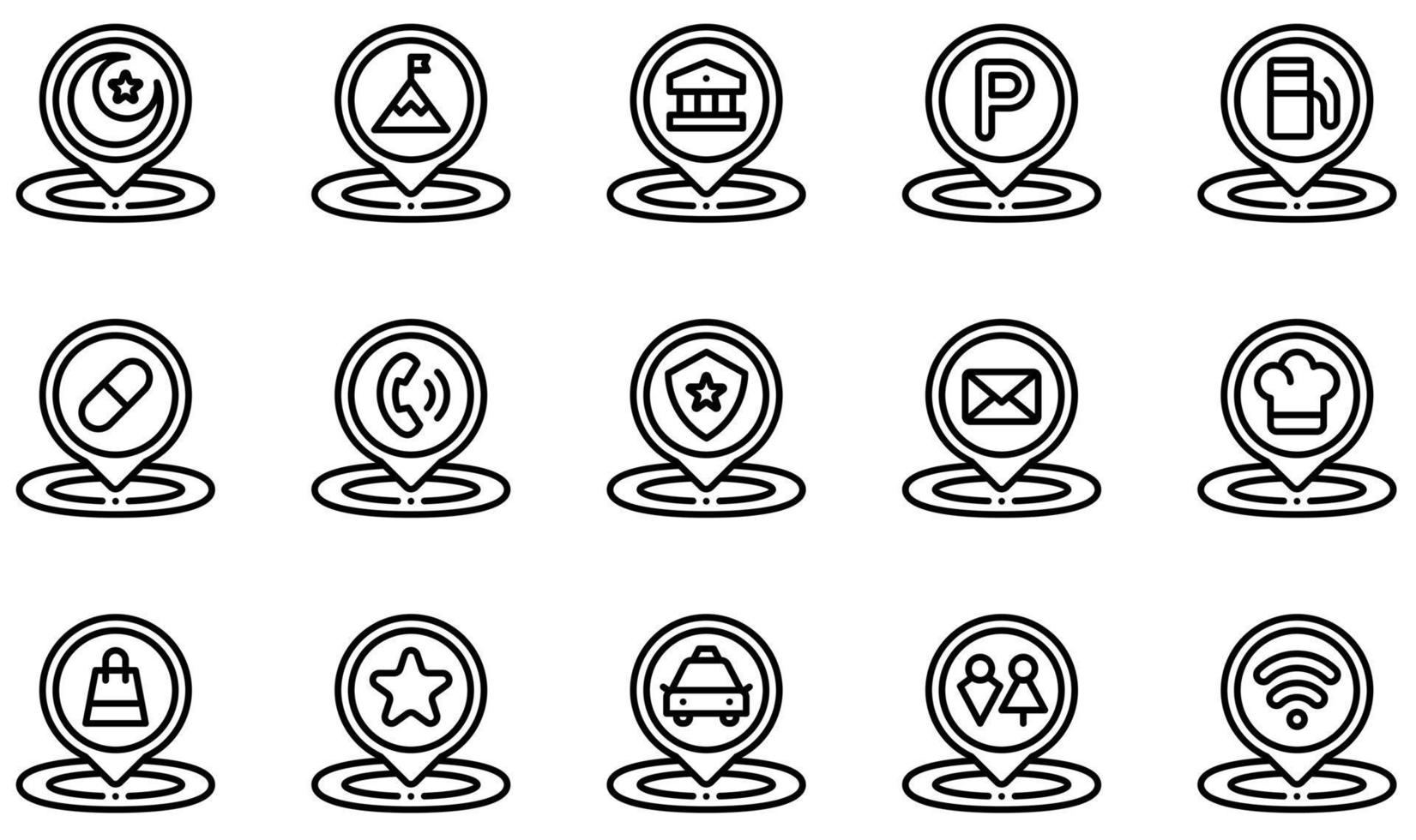 Set of Vector Icons Related to Placeholder. Contains such Icons as Museum, Parking, Pharmacy, Phone, Police Station, Restaurant and more.