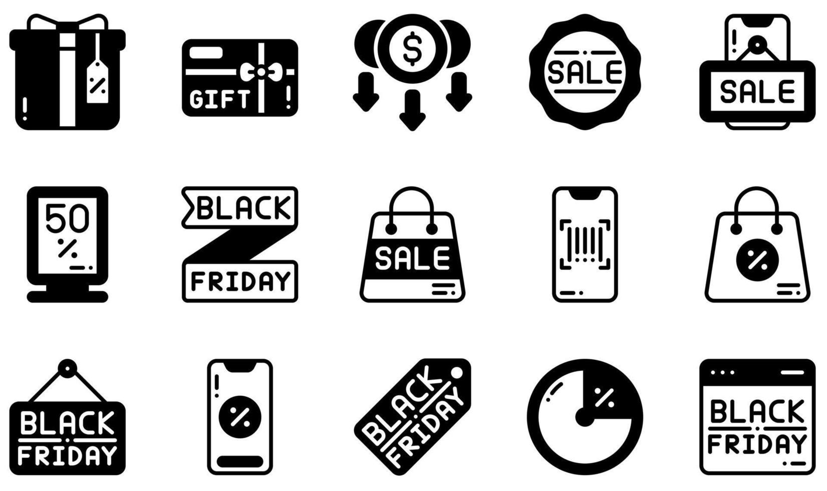 Set of Vector Icons Related to Black Friday. Contains such Icons as Gift Box, Gift Card, Low Price, Online Sale, Online Shop, Sale and more.