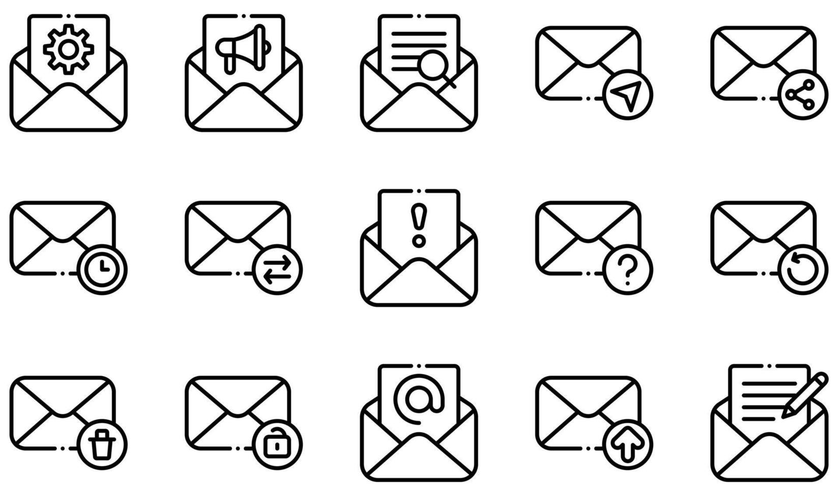 conjunto de iconos vectoriales relacionados con el correo electrónico. contiene íconos como correo electrónico abierto, opciones, búsqueda, envío de correo, spam, carga y más. vector