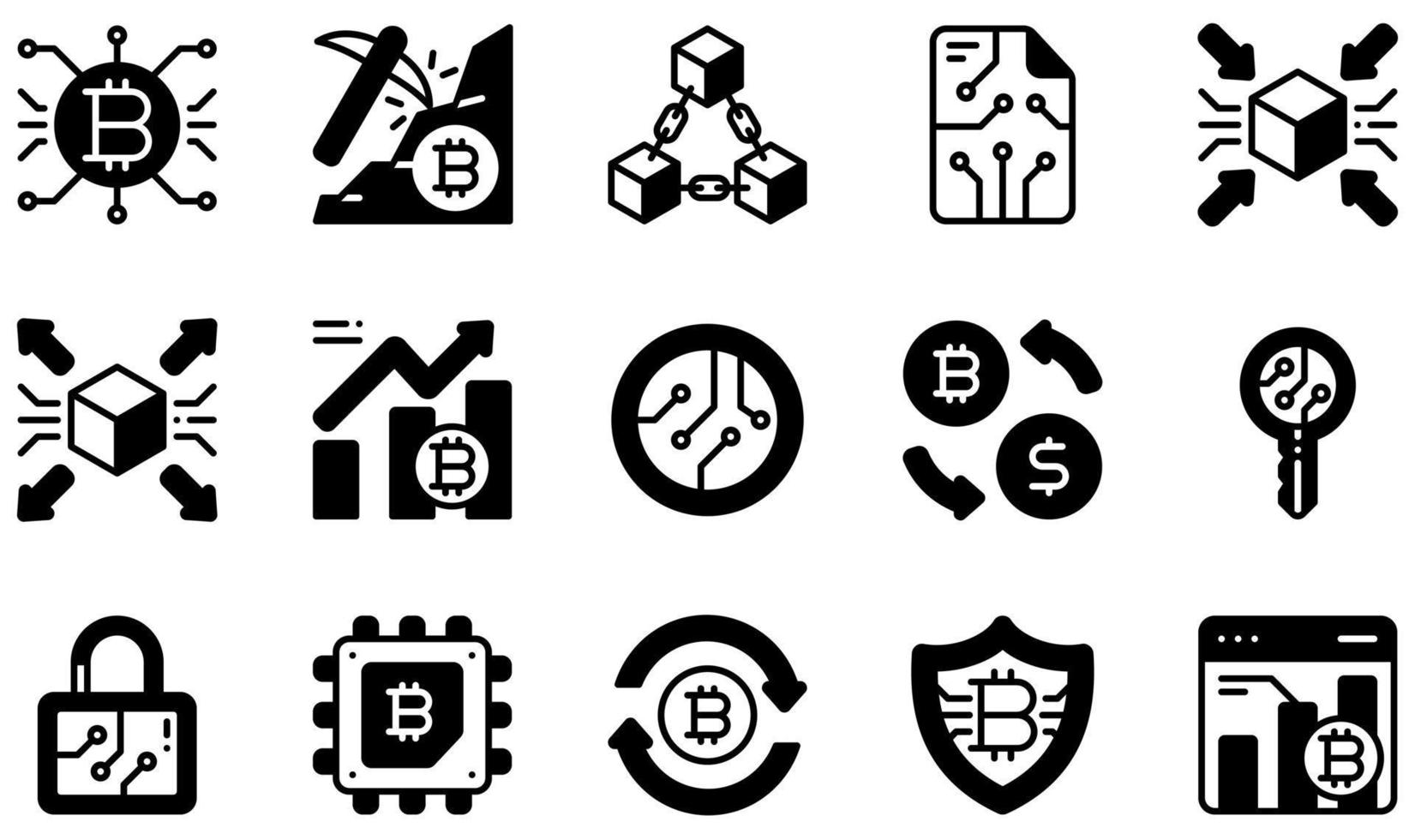 conjunto de iconos vectoriales relacionados con la criptomoneda. contiene íconos como criptomoneda, minería, blockchain, contratos inteligentes, centralizados, descentralizados y más. vector