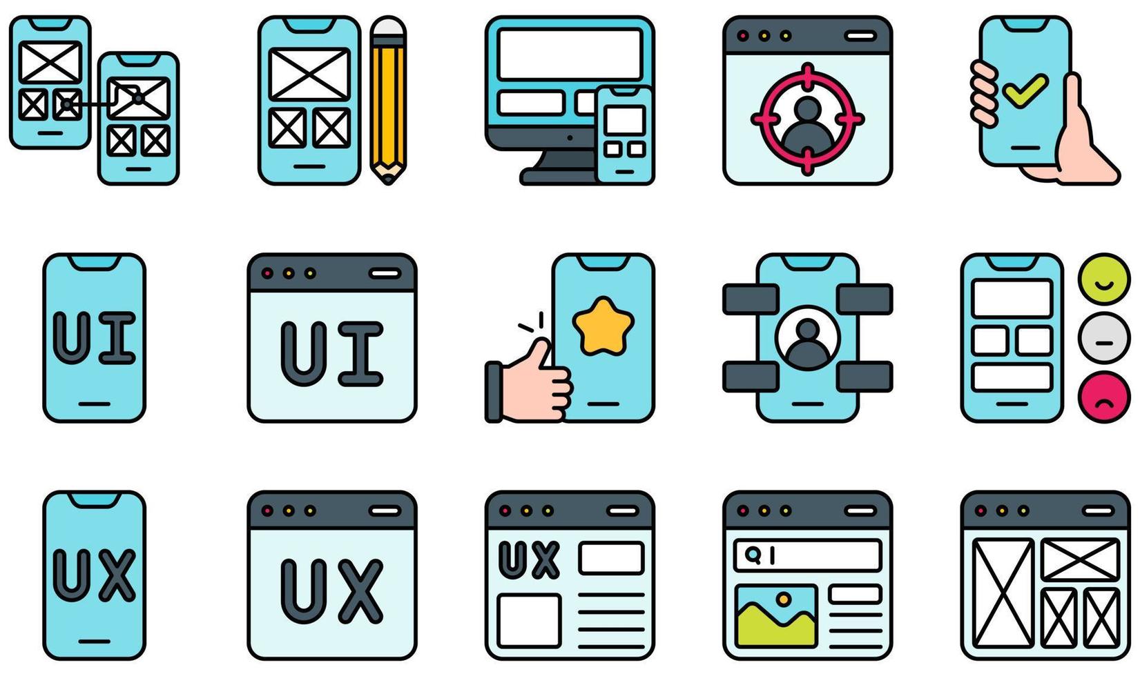 conjunto de iconos vectoriales relacionados con ux y ui. contiene íconos como navegación, prototipo, prueba, ui, ux, diseño web y más. vector