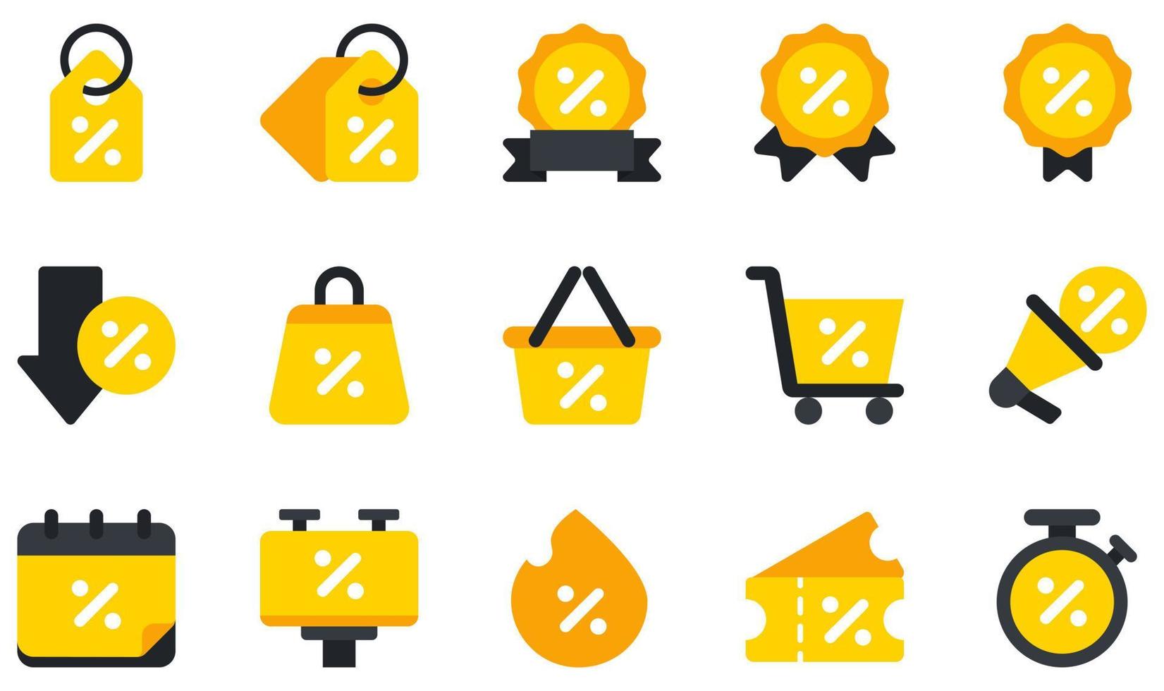 conjunto de iconos vectoriales relacionados con el descuento. contiene íconos como etiqueta, descuento, promoción, canasta, compras, venta caliente y más. vector