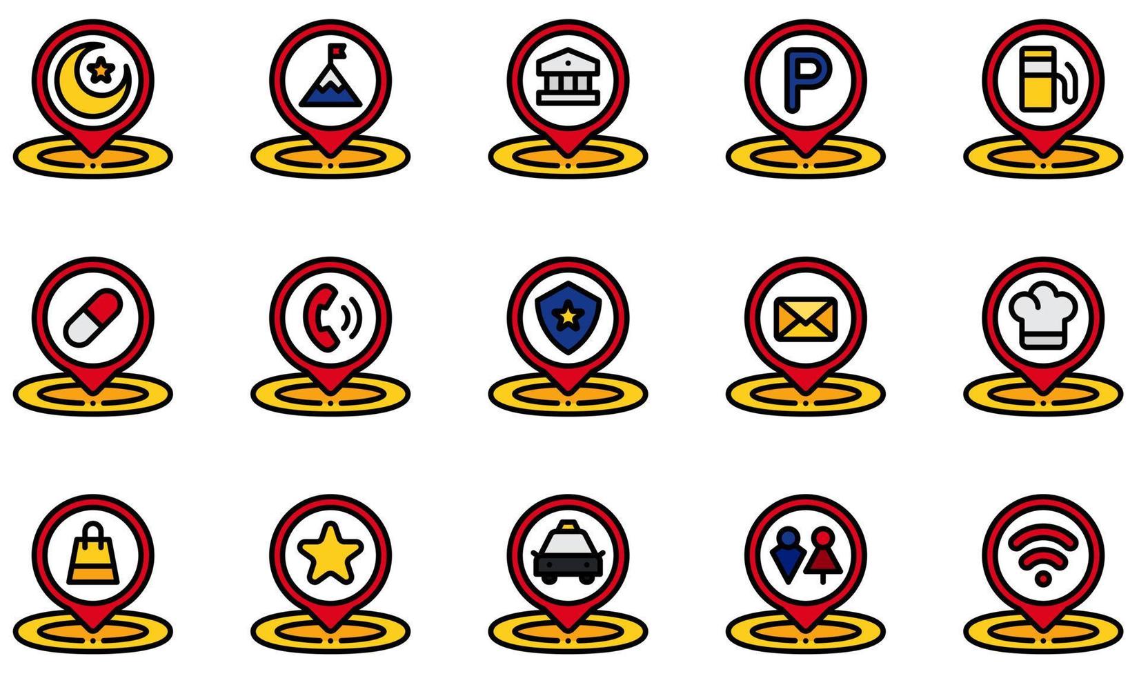 Set of Vector Icons Related to Placeholder. Contains such Icons as Museum, Parking, Pharmacy, Phone, Police Station, Restaurant and more.
