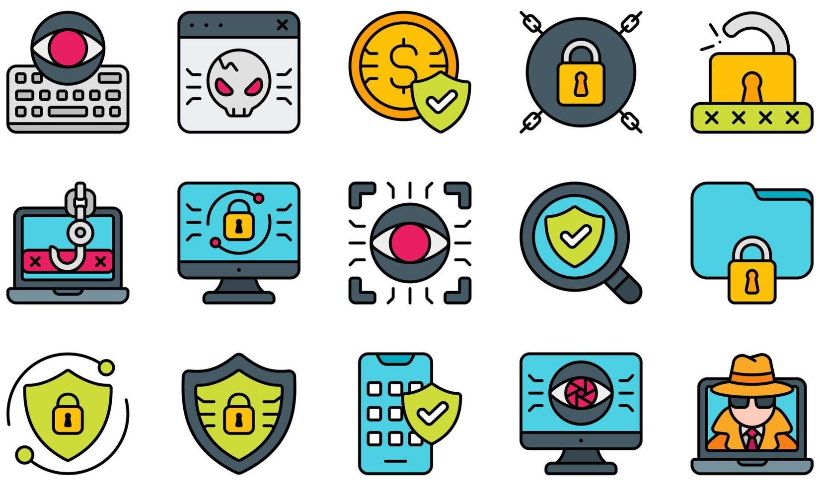 conjunto de iconos vectoriales relacionados con la ciberseguridad. contiene íconos como keylogger, malware, dinero, candado, ransomware, phishing y más. vector