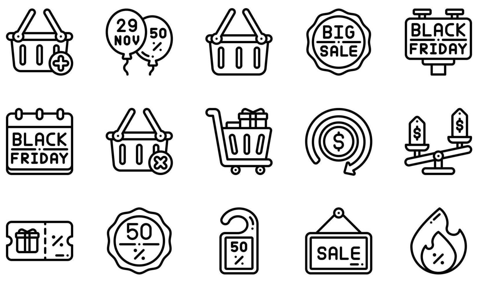 Set of Vector Icons Related to Black Friday. Contains such Icons as Add, Basket, Big Sale, Black Friday, Cancel, Cashback and more.