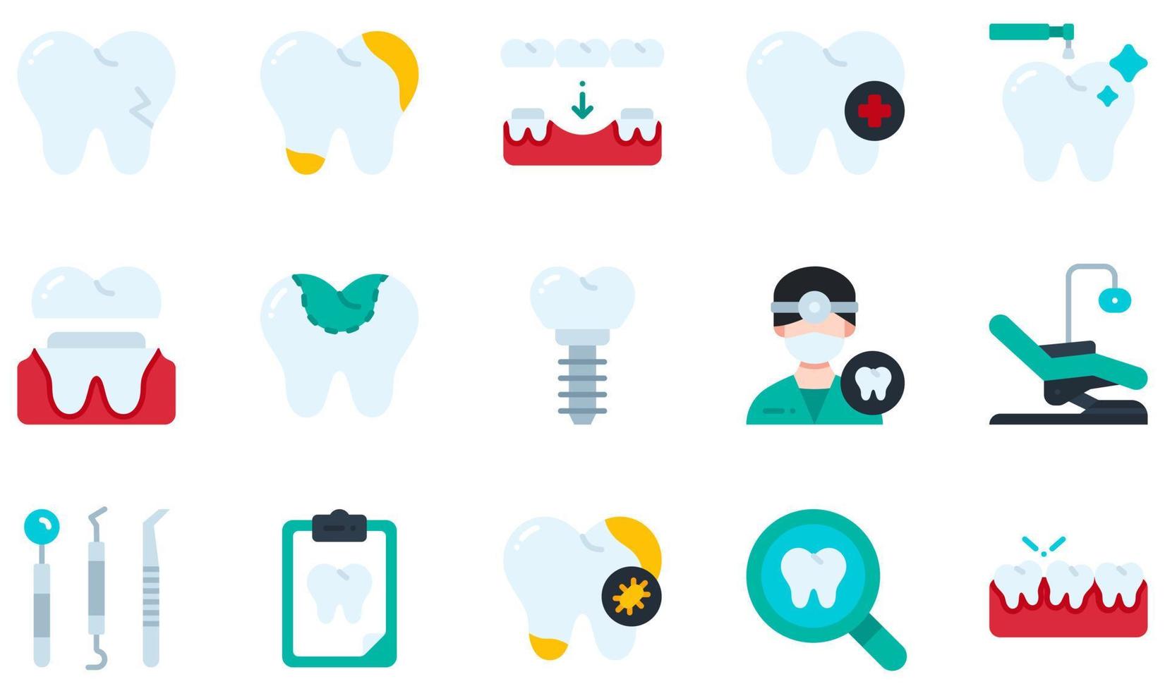 conjunto de iconos vectoriales relacionados con la odontología. contiene íconos como dientes rotos, caries, cuidado dental, corona dental, relleno dental, dentista y más. vector
