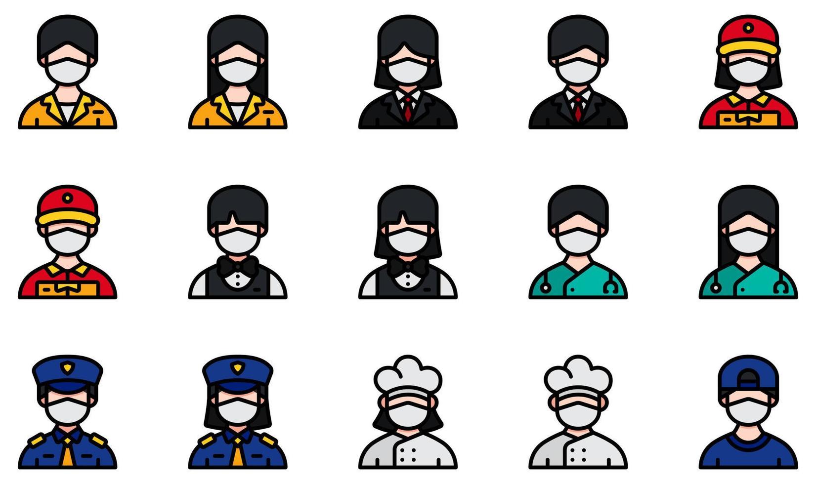 conjunto de iconos vectoriales relacionados con avatares con máscaras médicas. contiene íconos como recepción, hombre de negocios, repartidor, cantinero, médico, policía y más. vector