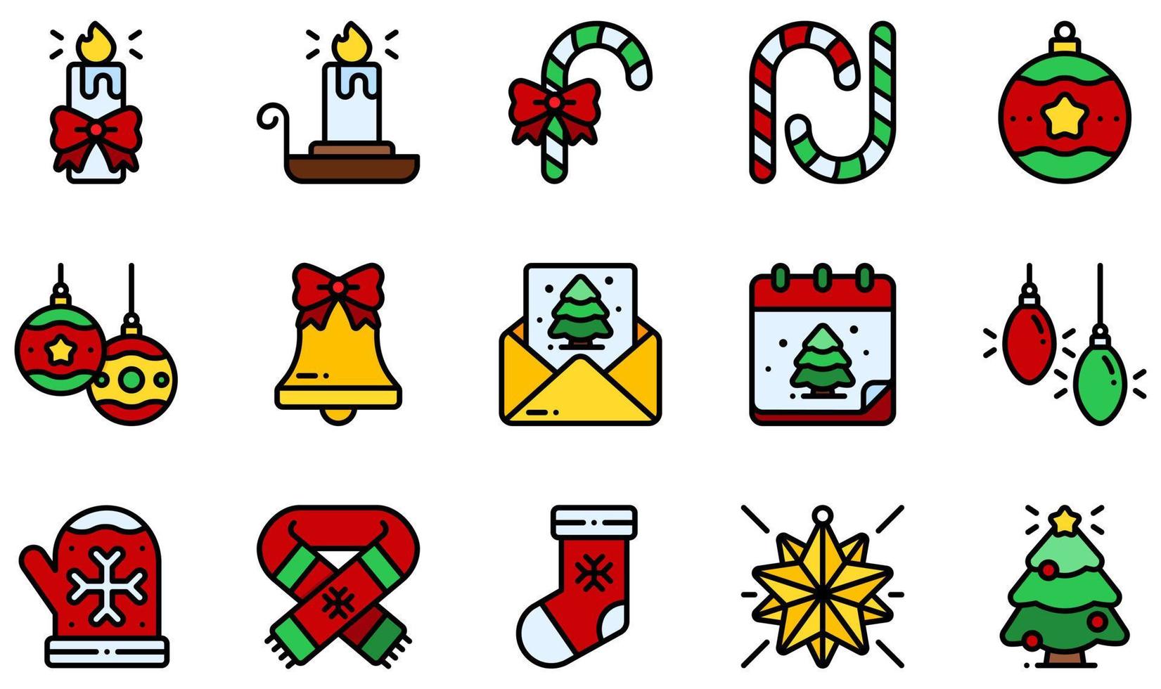 conjunto de iconos vectoriales relacionados con la decoración navideña. contiene íconos como velas, candelabros, bastones de caramelo, campanas navideñas, tarjetas navideñas, bufandas navideñas y más. vector