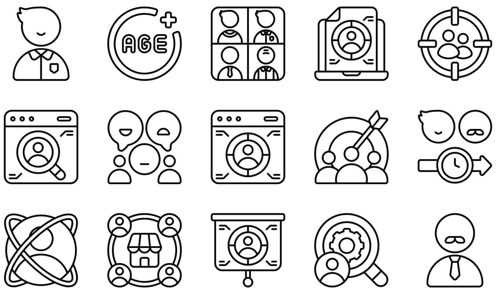 Set of Vector Icons Related to Market Research. Contains such Icons as Adult, Age, Age Group, Consumer Research, Customer Behavior, Focus Group and more.