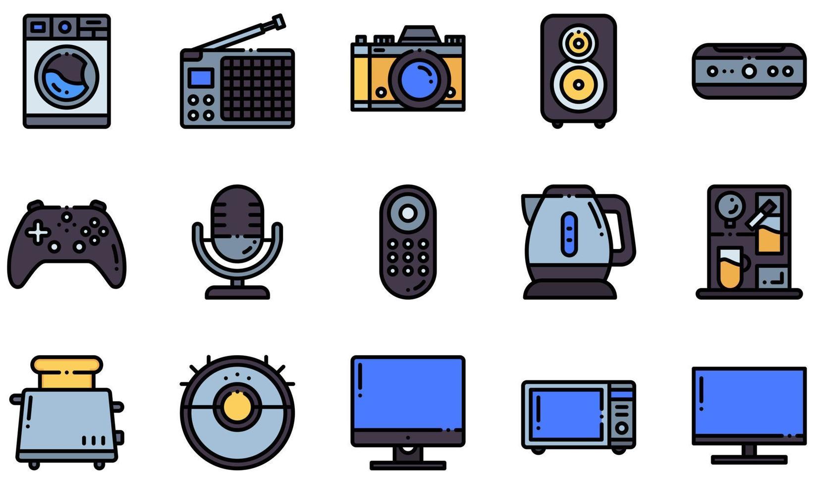conjunto de iconos vectoriales relacionados con dispositivos electrónicos. contiene íconos como impresora, proyector, radio, teléfono inteligente, tostadora, lavadora y más. vector