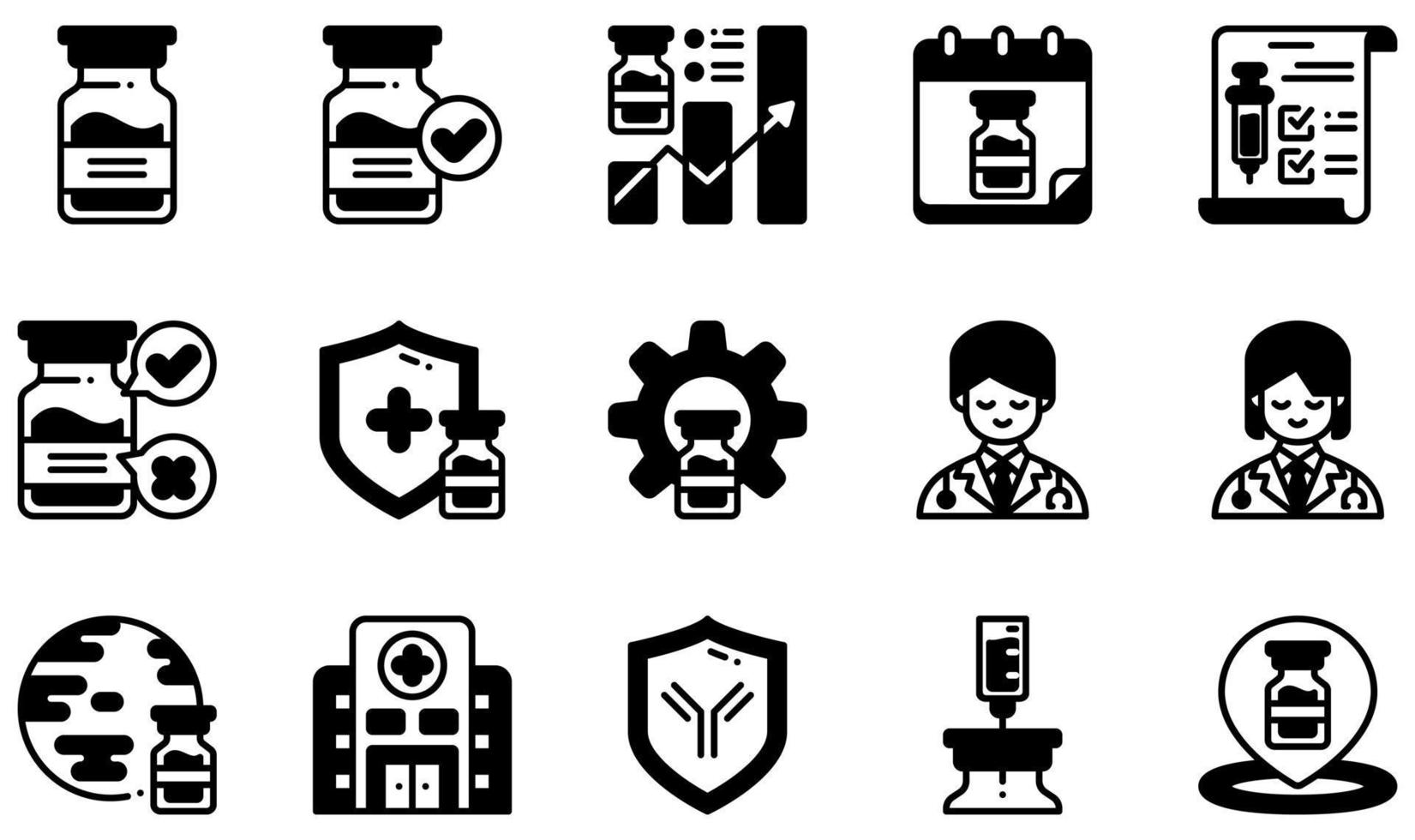 conjunto de iconos vectoriales relacionados con la vacuna. contiene íconos como ampolla, aprobación, certificado, desarrollo, médico, hospital y más. vector