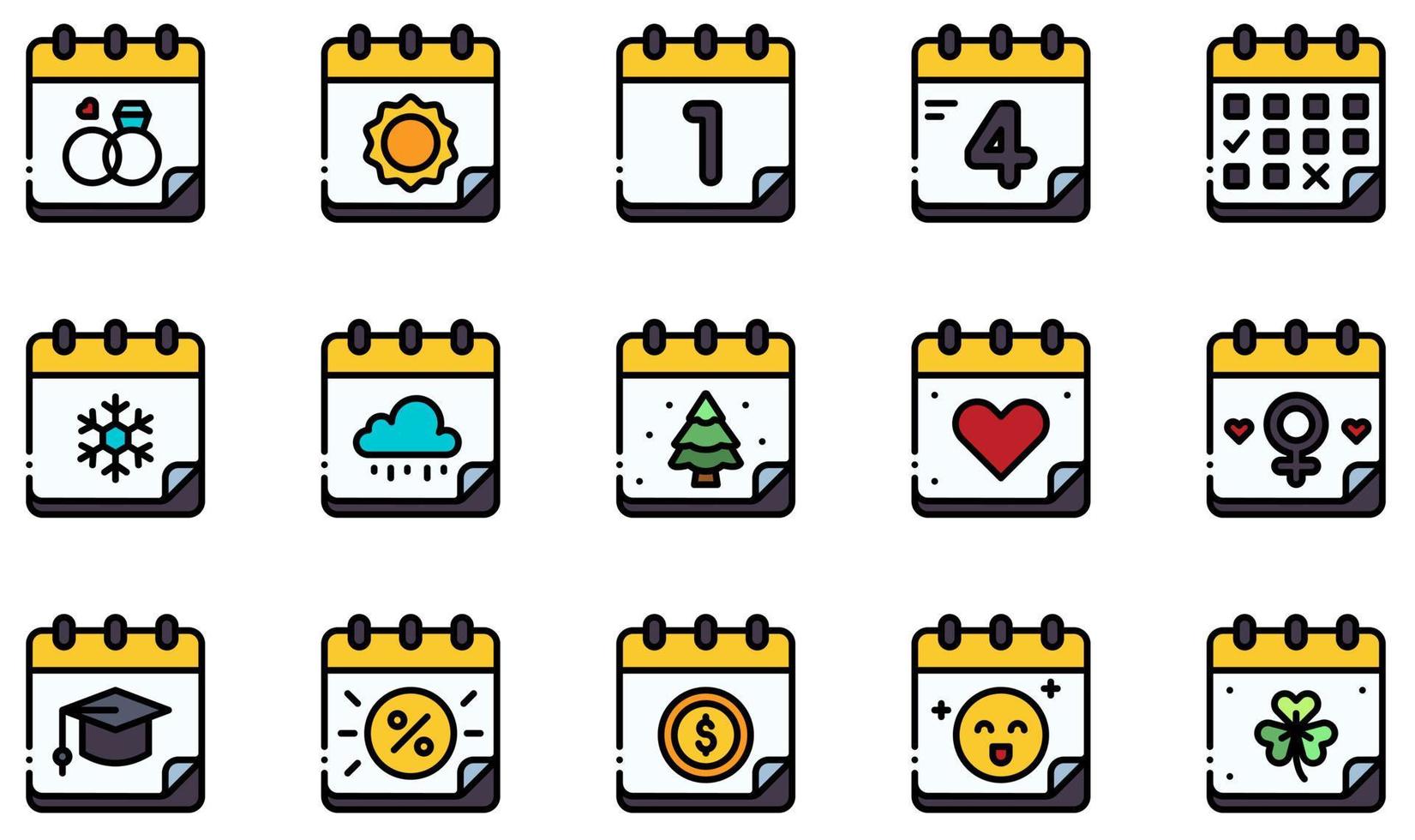 conjunto de iconos vectoriales relacionados con el calendario y las fechas. contiene íconos como calendario, día, hora, evento, horario, administración y más. vector