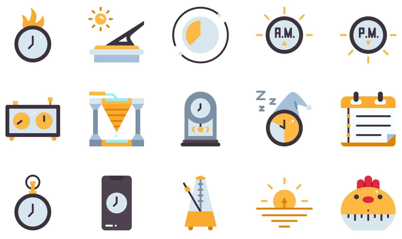 Set of Vector Icons Related to Time. Contains such Icons as Deadline, Sundial, Time Lapse, Chess Clock, Water Clock, Pendulum Clock and more.