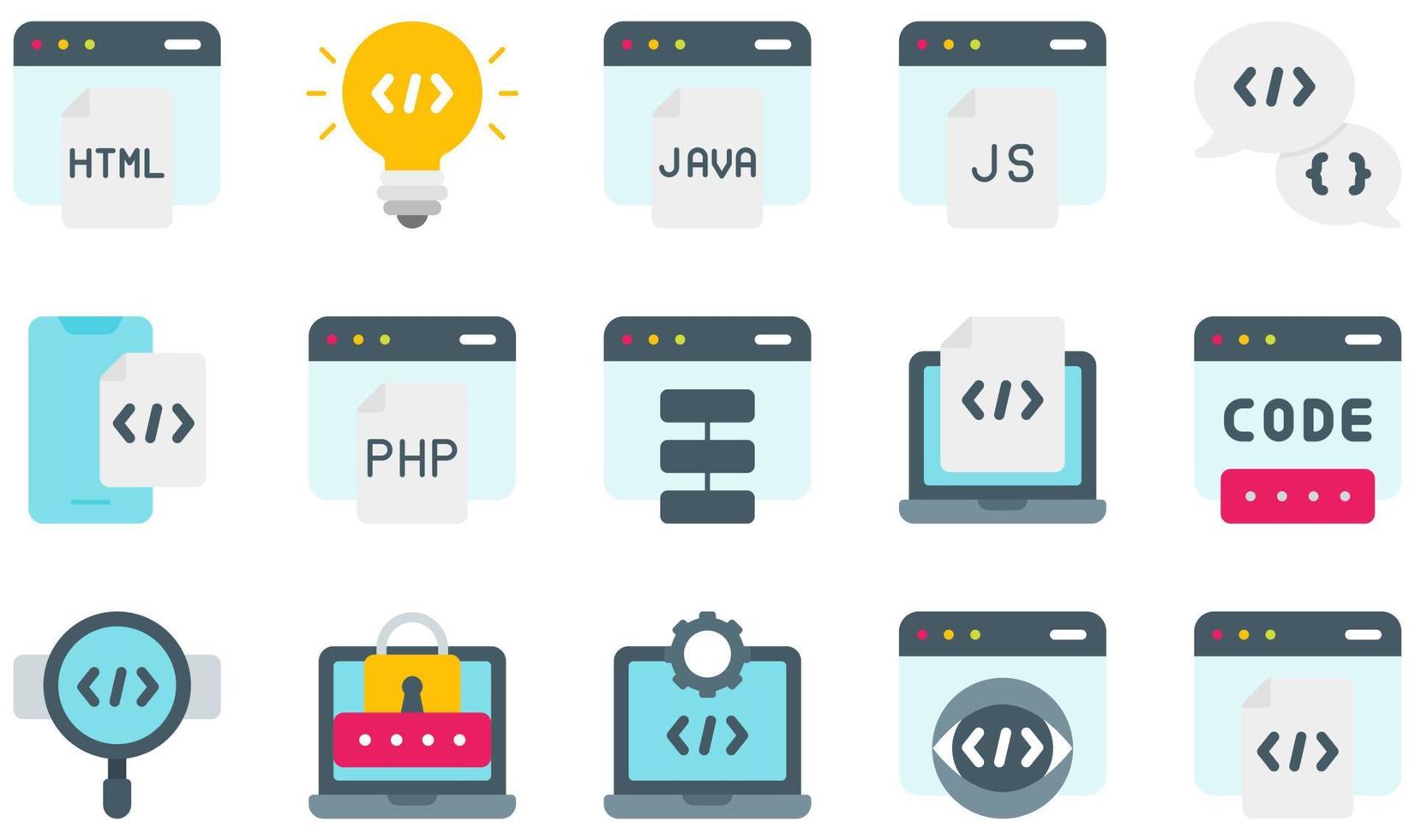 Set of Vector Icons Related to Coding. Contains such Icons as Html, Idea, Java, Javascript, Php, Programming and more.