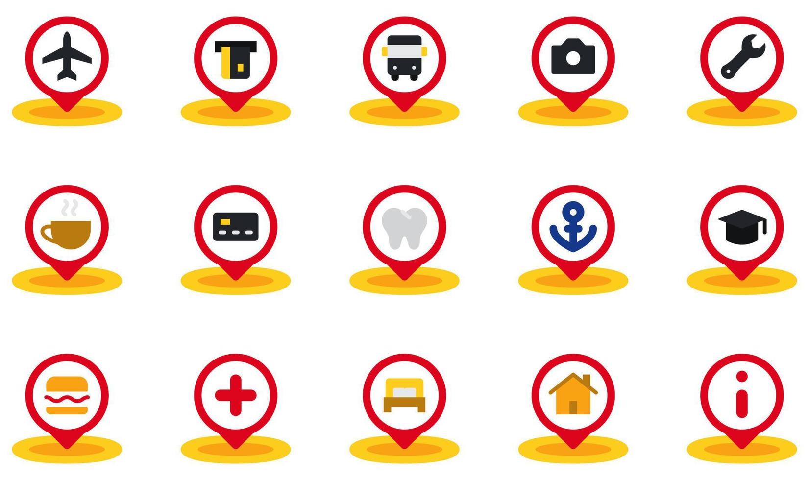 Set of Vector Icons Related to Placeholder. Contains such Icons as Airport, Atm, Bus Stop, Coffee, Dentist, Education and more.