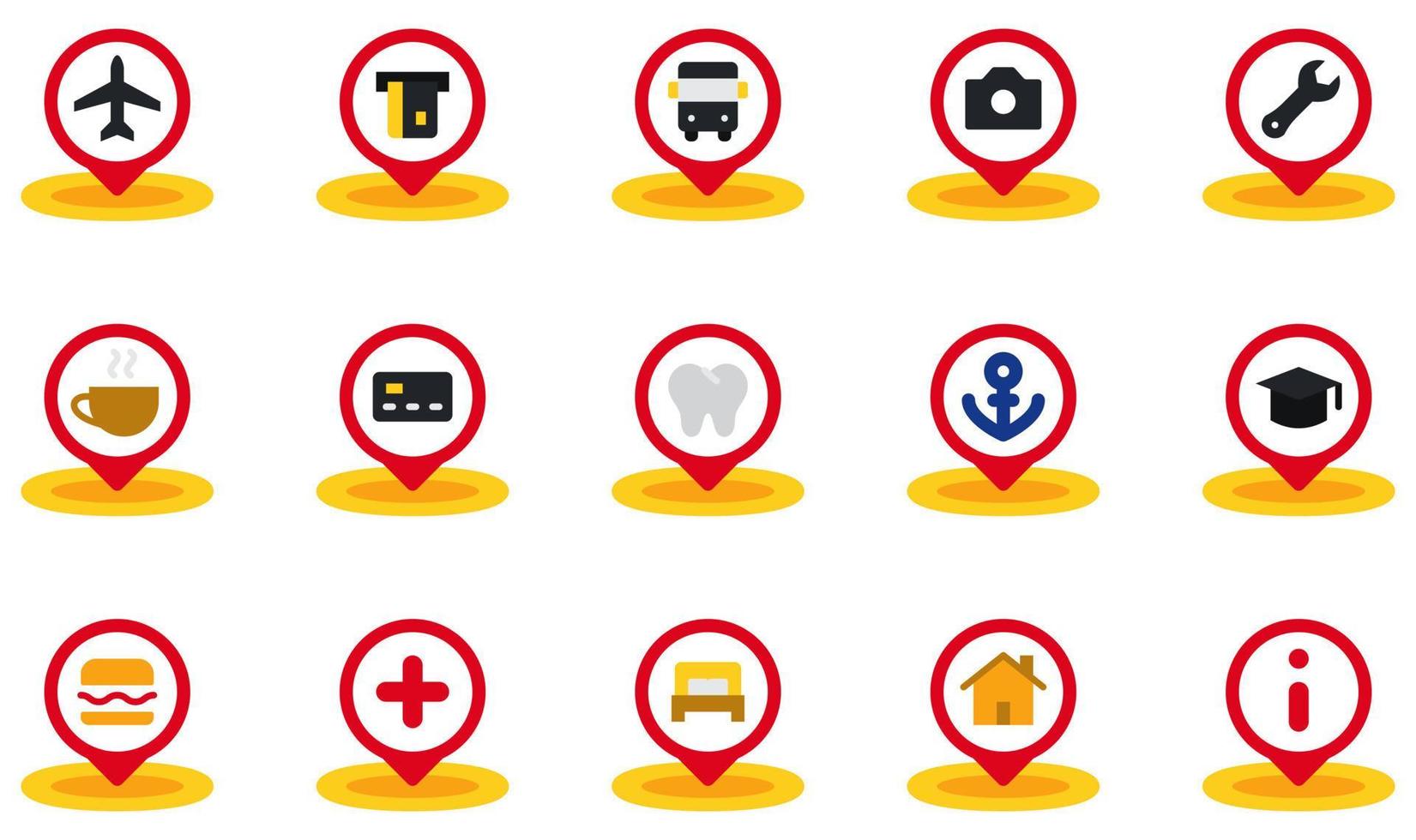 conjunto de iconos vectoriales relacionados con el marcador de posición. contiene íconos como aeropuerto, cajero automático, parada de autobús, café, dentista, educación y más. vector