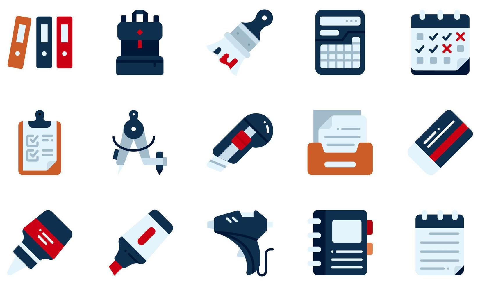 conjunto de iconos vectoriales relacionados con papelería. contiene íconos como archivos, mochila, calculadora, portapapeles, cortador, pegamento y más. vector