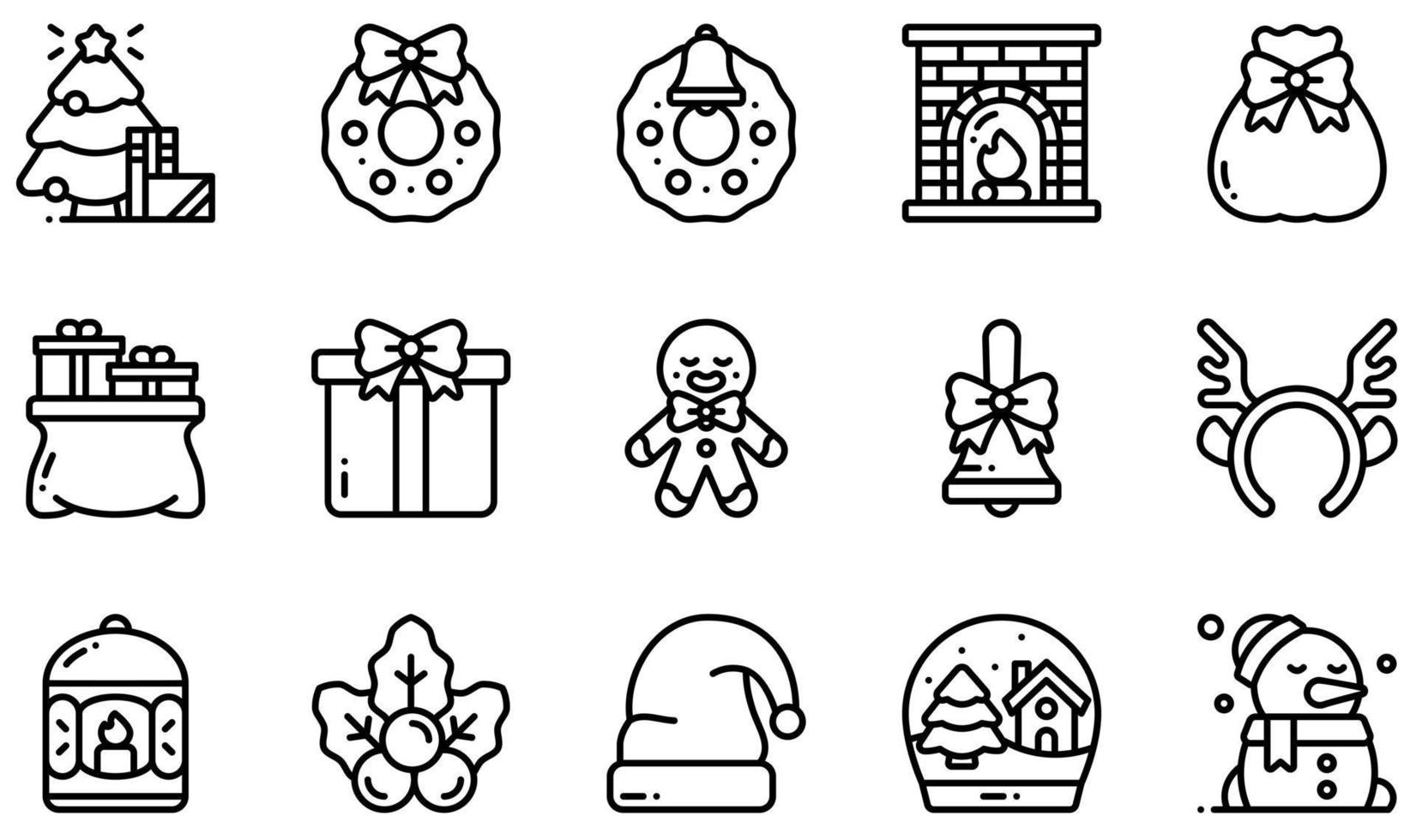 Set of Vector Icons Related to Christmas Decoration. Contains such Icons as Christmas Tree, Christmas Wreath, Fireplace, Gift Bag, Gingerbread, Handbell and more.