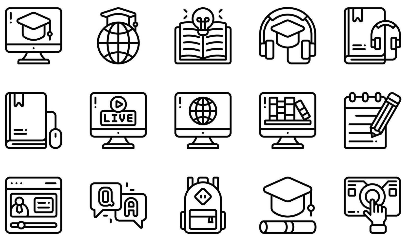 Set of Vector Icons Related to Online Learning. Contains such Icons as Audio Book, Audio Course, Backpack, Certification, Digital Library, Ebook and more.