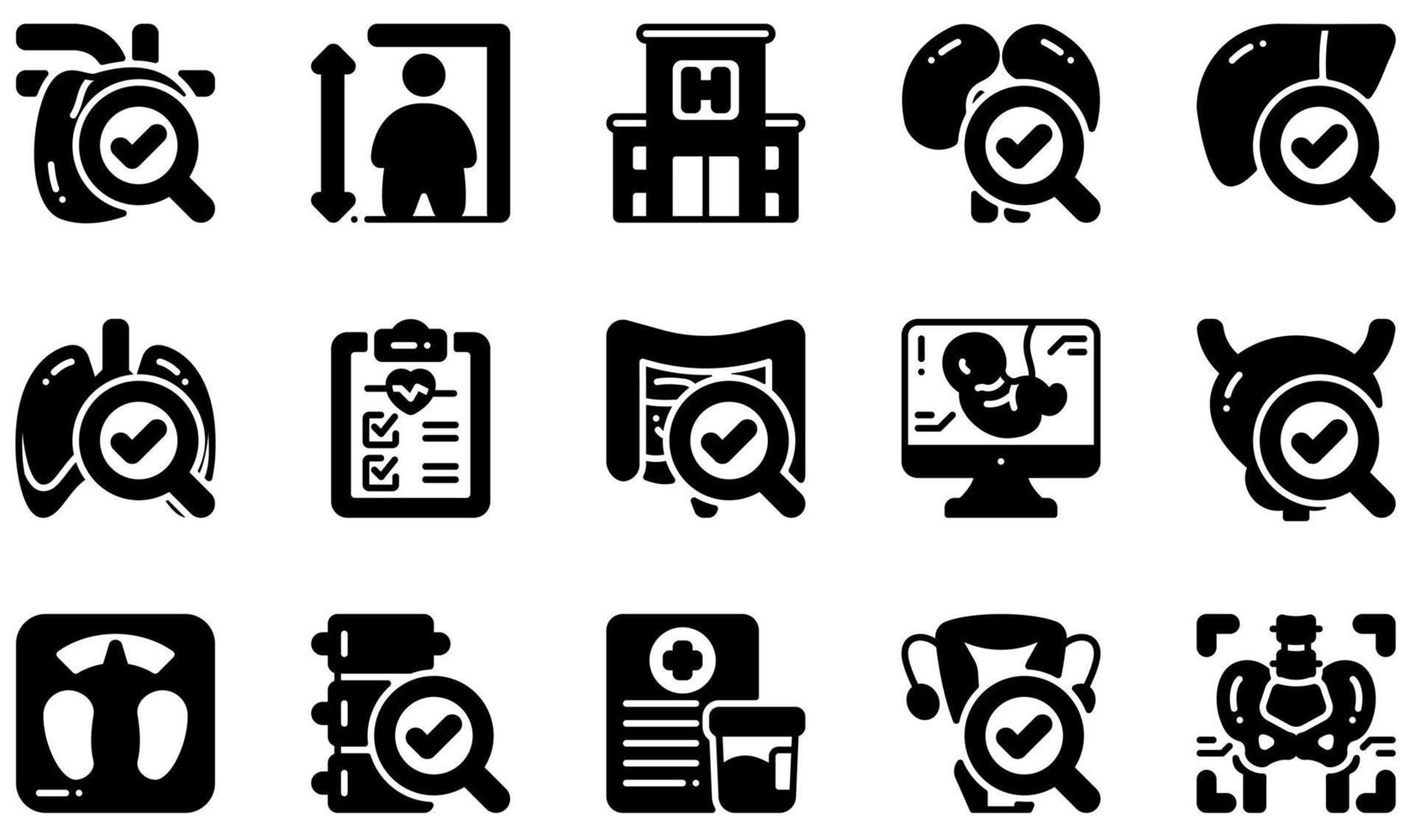 Set of Vector Icons Related to Health Checkup. Contains such Icons as Height, Hospital, Medical Report, Ultrasound, Urine Sample, X Rays and more.