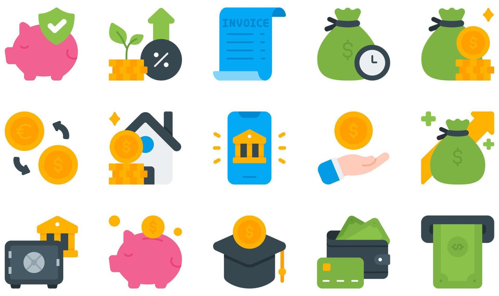 Set of Vector Icons Related to Banking. Contains such Icons as Insurance, Interest, Invoice, Loan, Money, Savings and more.