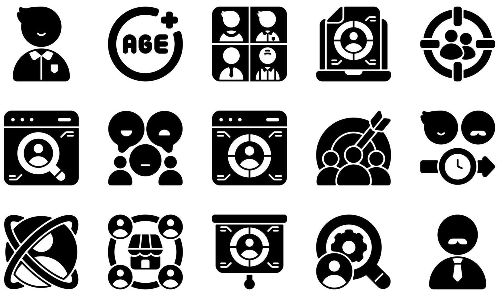 Set of Vector Icons Related to Market Research. Contains such Icons as Adult, Age, Age Group, Consumer Research, Customer Behavior, Focus Group and more.