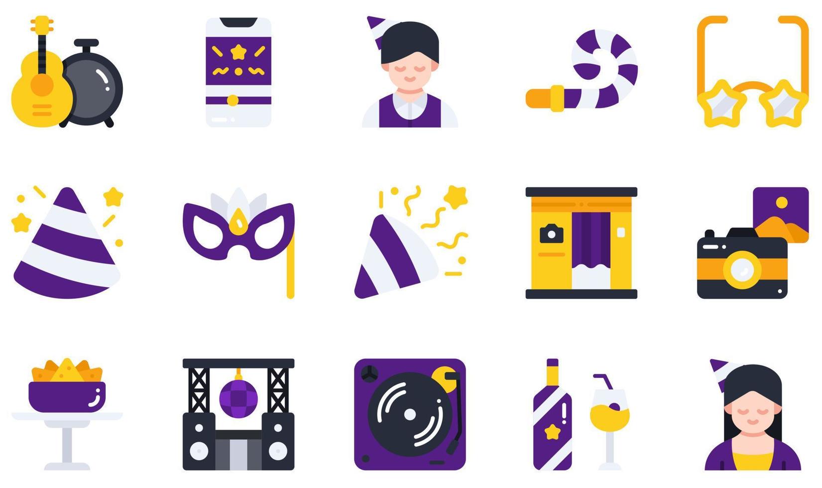 conjunto de iconos vectoriales relacionados con la fiesta. contiene íconos como música en vivo, ventilador de fiesta, sombrero de fiesta, máscara de fiesta, fotomatón, refrigerio y más. vector