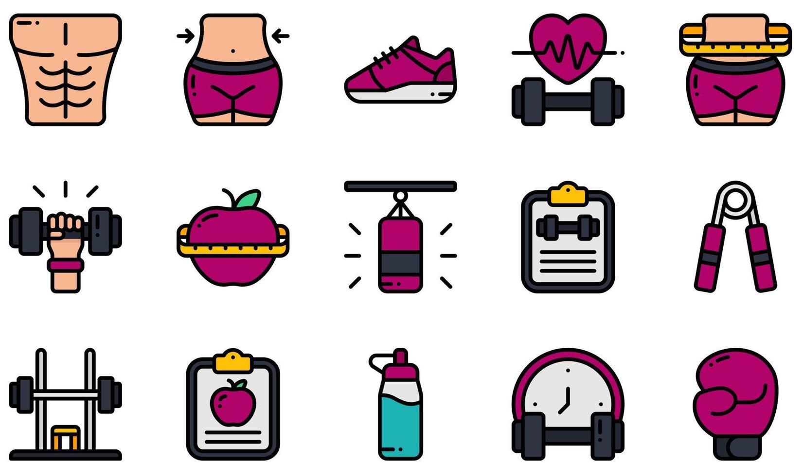 conjunto de iconos vectoriales relacionados con la aptitud. contiene íconos como six pack, cintura, cintura, mancuerna, bolsa de boxeo, bolsa de boxeo y más. vector