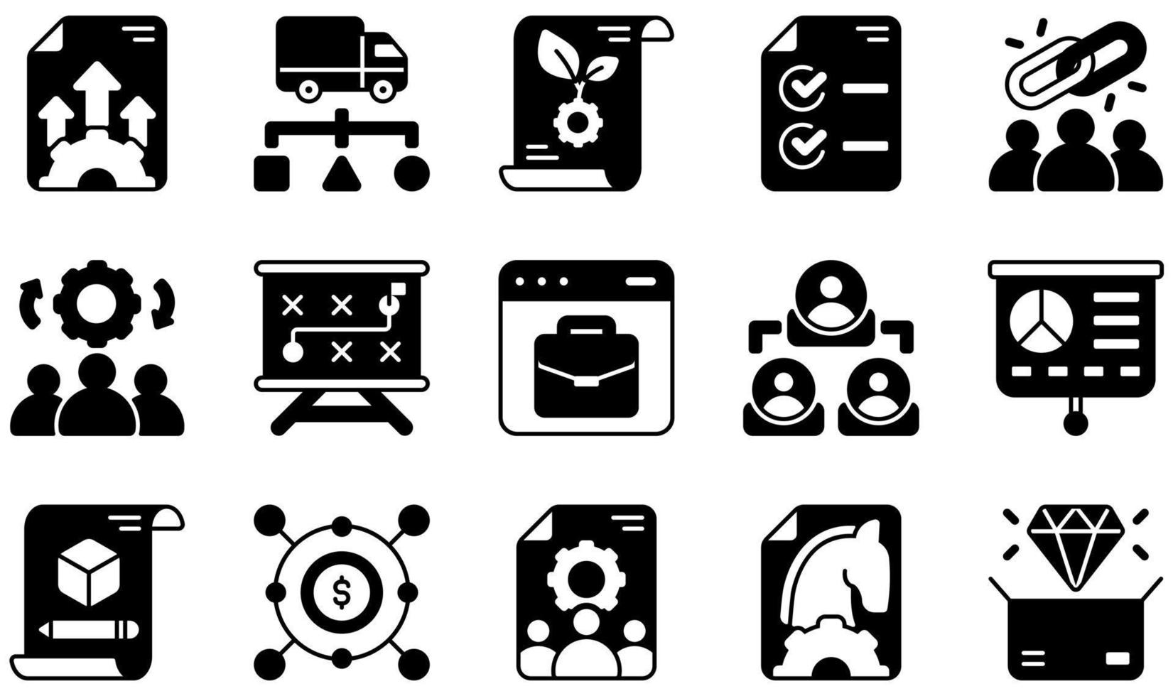 conjunto de iconos vectoriales relacionados con el modelo de negocio. contiene íconos como desarrollo, distribución, actividades clave, recursos clave, negocios en línea, prototipo y más. vector