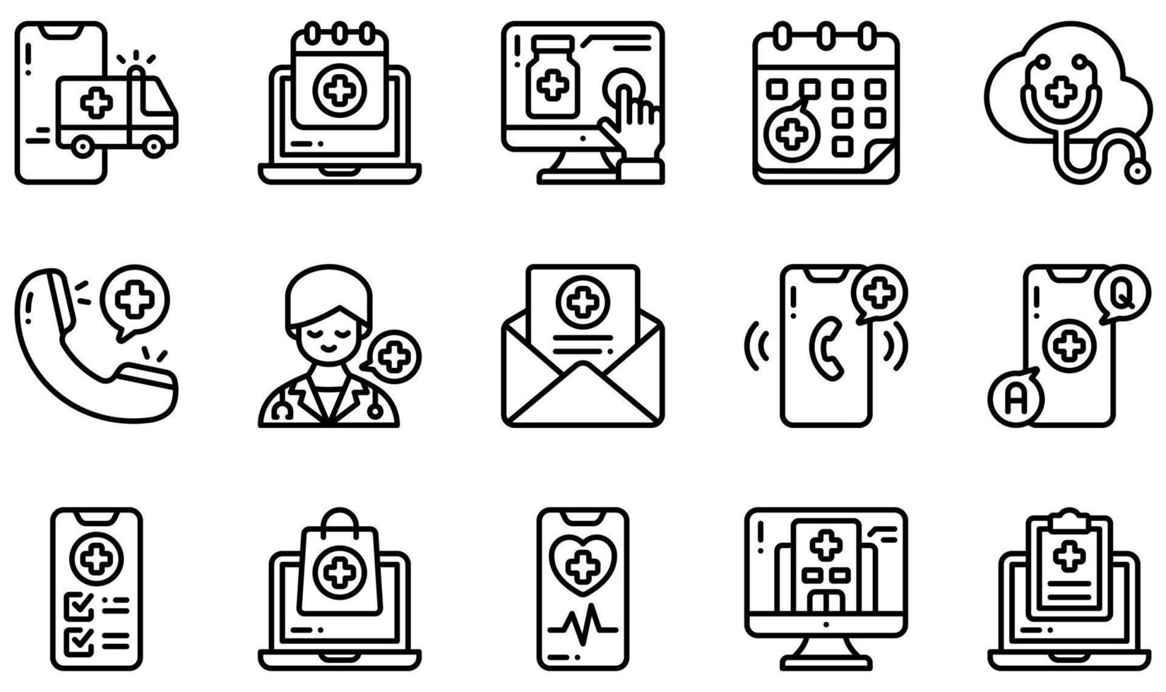 Set of Vector Icons Related to Telemedicine. Contains such Icons as Ambulance, Appointment, Buy Online, Consultation, Faq, Healthcare and more.