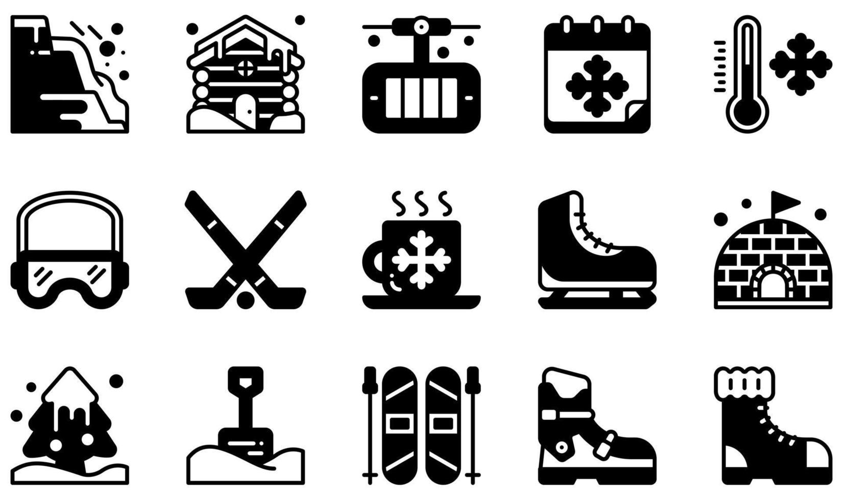 conjunto de iconos vectoriales relacionados con el invierno. contiene íconos como avalancha, cabina, hockey, patinaje sobre hielo, iglú, esquí y más. vector