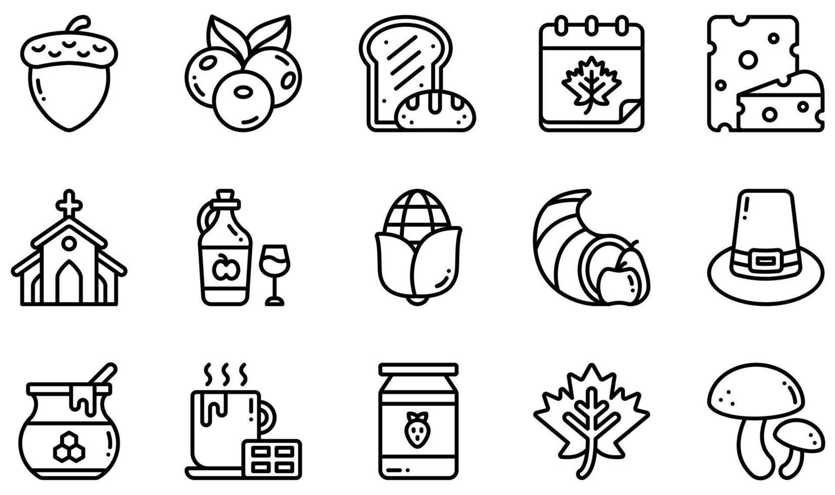 conjunto de iconos vectoriales relacionados con el día de acción de gracias. contiene íconos como bellota, bayas, queso, iglesia, cornucopia, miel y más. vector