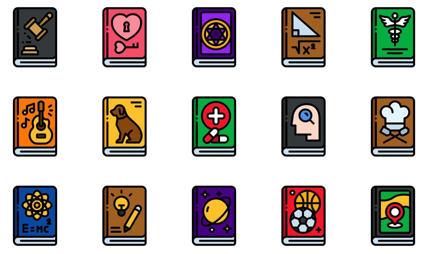 conjunto de iconos vectoriales relacionados con libros. contiene íconos como libro de leyes, libro de amor, libro de magia, libro de matemáticas, libro de música, libro de viajes y más. vector