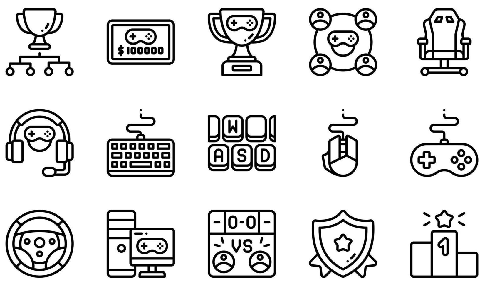 conjunto de iconos vectoriales relacionados con los deportes electrónicos. contiene íconos como torneo, premio, trofeo, equipo, silla de juego, clasificación y más. vector
