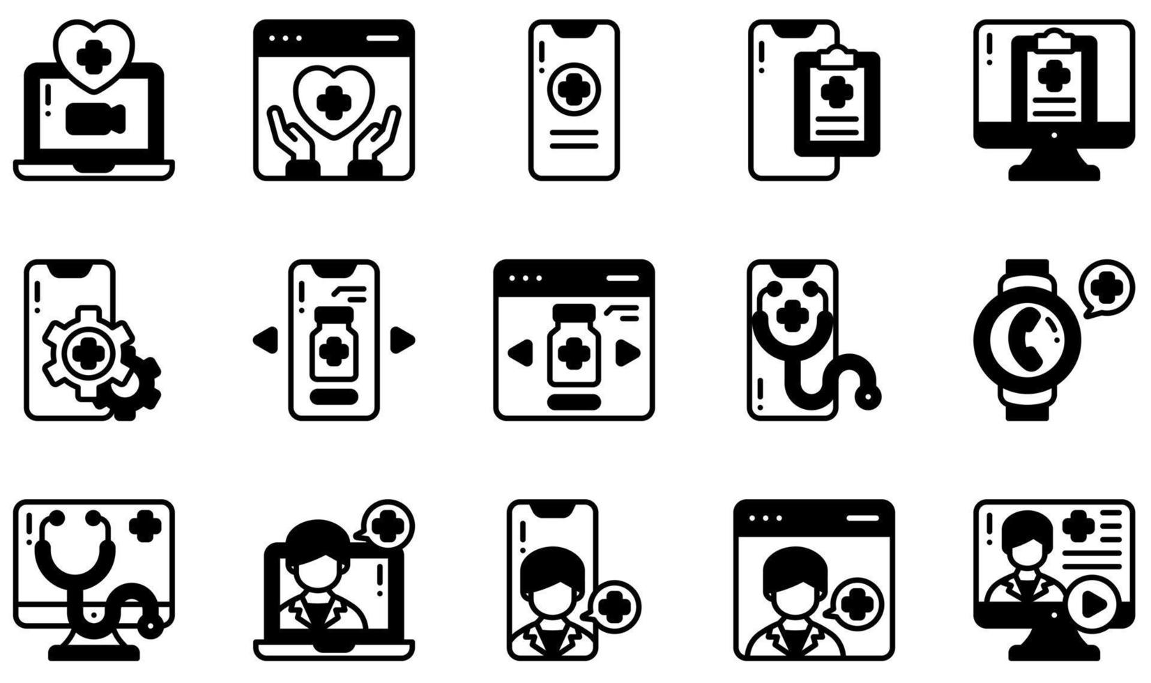 Set of Vector Icons Related to Telemedicine. Contains such Icons as Medical, Medical App, Medical Report, Online Pharmacy, Telemedicine, Stethoscope and more.
