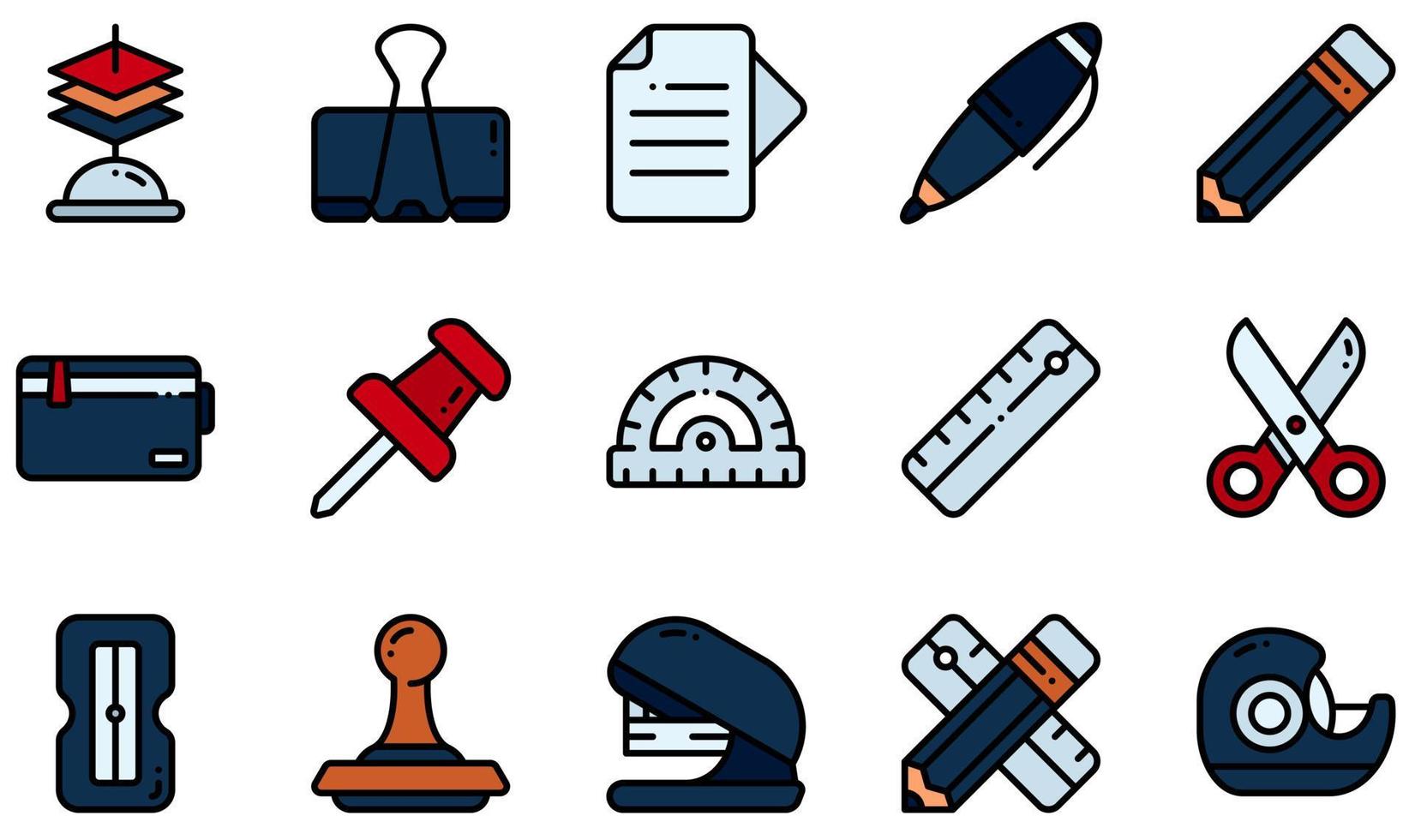 conjunto de iconos vectoriales relacionados con papelería. contiene íconos como portapapeles, clip, bolígrafo, lápiz, estuche, regla y más. vector