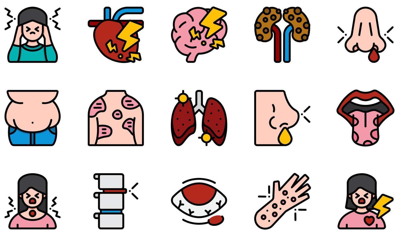 Set of Vector Icons Related to Diseases. Contains such Icons as Gastric Reflux, Glossitis, Headache, Heart Disease, Obesity, Hordeolum and more.