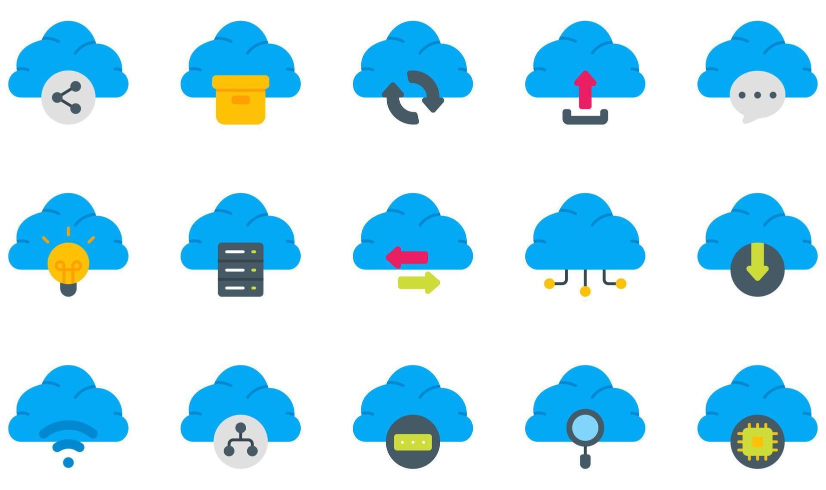 conjunto de iconos vectoriales relacionados con la tecnología de la nube. contiene íconos como configuración, carga en la nube, comunicación, centro de datos, infraestructura, administración y más. vector