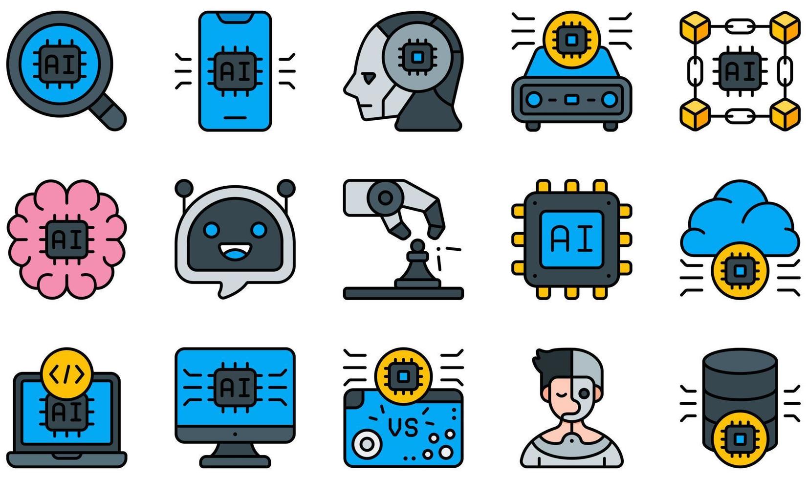 conjunto de iconos vectoriales relacionados con la inteligencia artificial. contiene íconos como análisis, inteligencia artificial, blockchain, cerebro, chatbot, codificación y más. vector