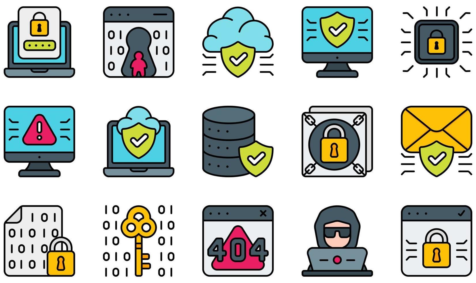 conjunto de iconos vectoriales relacionados con la ciberseguridad. contiene íconos como autenticación, puerta trasera, nube, computadora, ciberseguridad, cibercrimen y más. vector