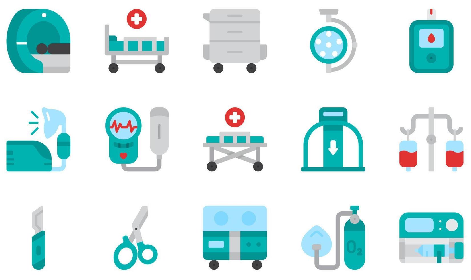 conjunto de iconos vectoriales relacionados con equipos médicos. contiene íconos como resonancia magnética, carro, medidor de glucosa, nebulizador, camilla, bisturí y más. vector