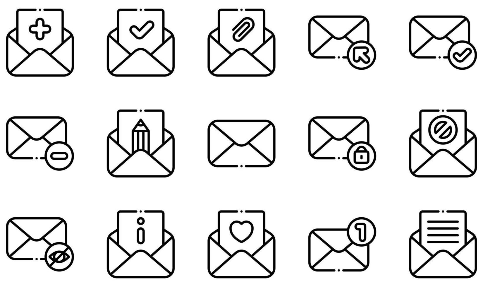 Set of Vector Icons Related to Email. Contains such Icons as Adding, Approved, Arroba, Click, Completed, Delete and more.