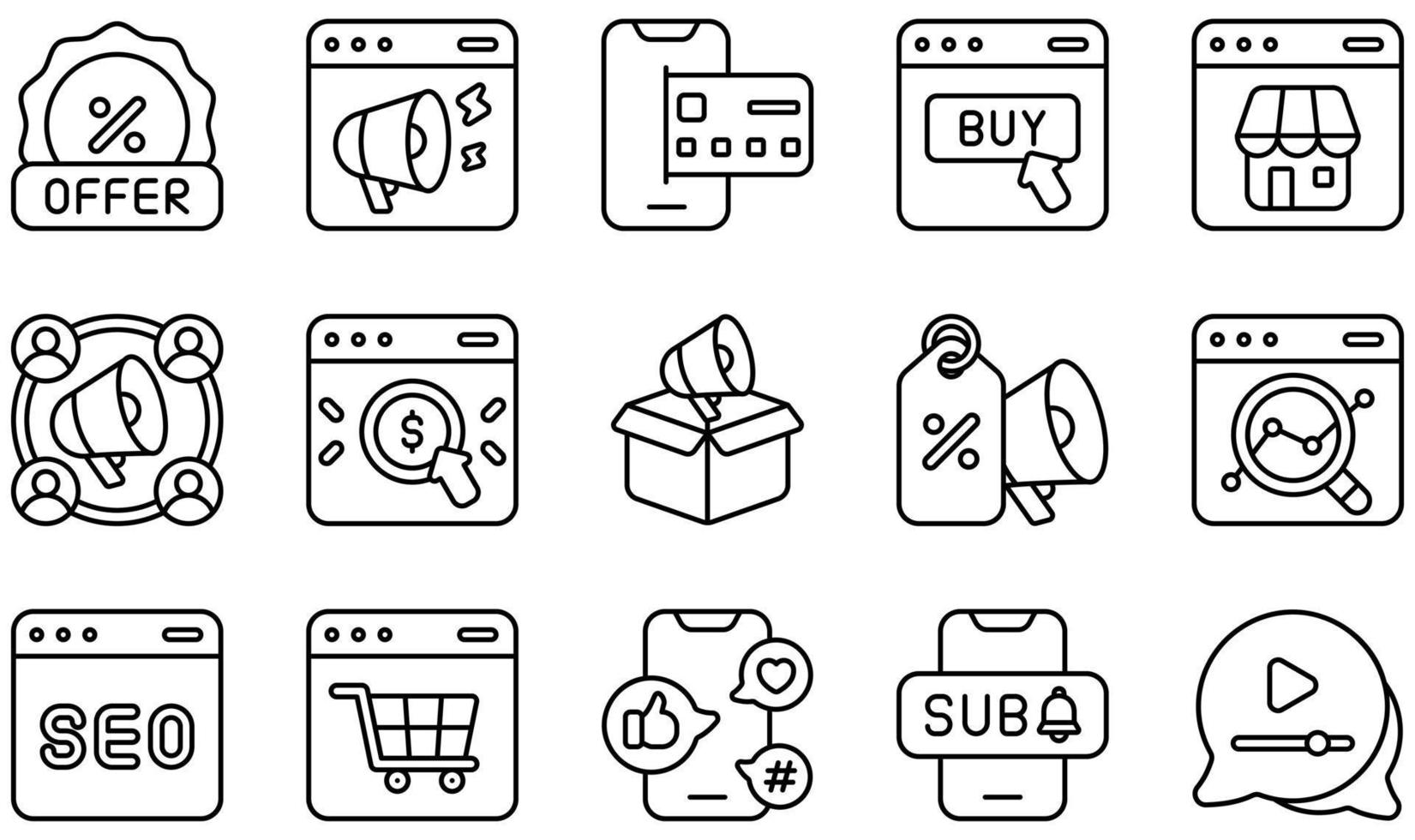 conjunto de iconos vectoriales relacionados con el marketing online. contiene íconos como marketing en línea, pago en línea, compras en línea, tienda en línea, marketing saliente, SEO y más. vector