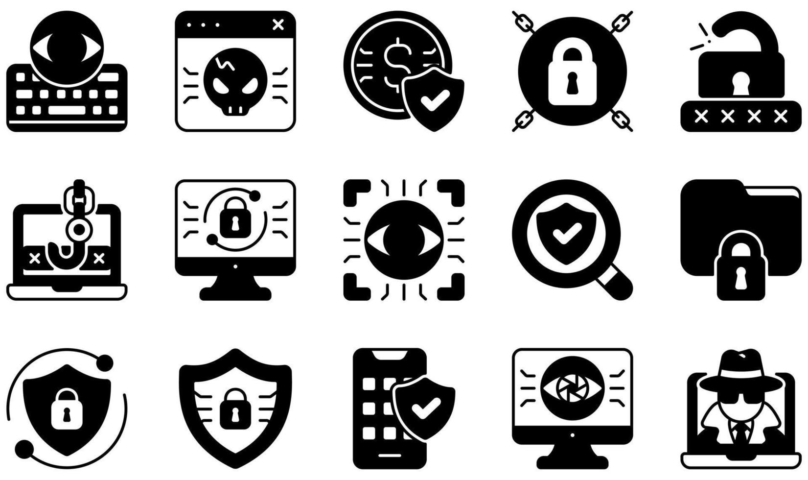 Set of Vector Icons Related to Cyber Security. Contains such Icons as Keylogger, Malware, Money, Padlock, Ransomware, Phishing and more.