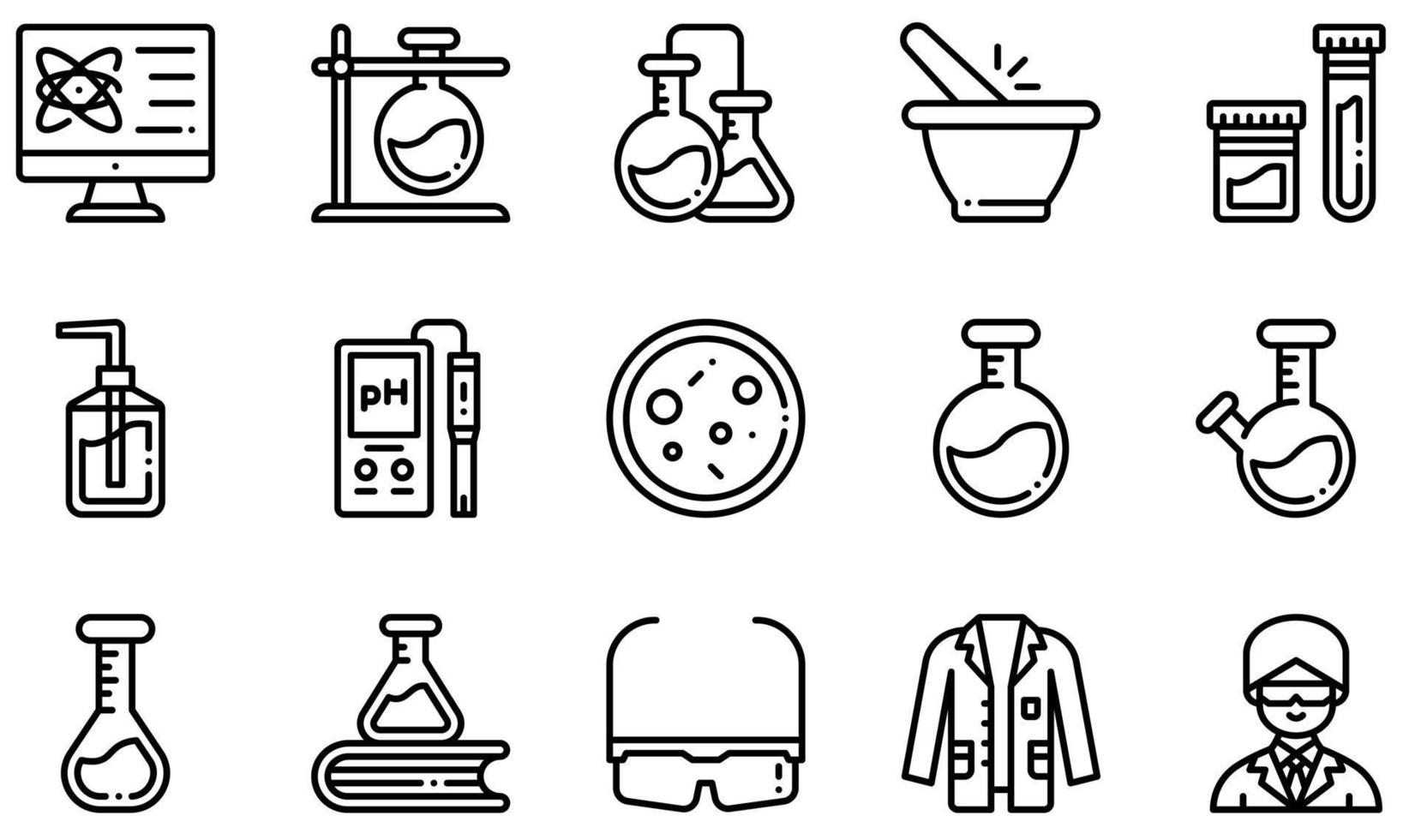 Set of Vector Icons Related to Chemistry Lab. Contains such Icons as Test Tube, Chemistry, Urine Sample, Ph Meter, Flask, Lab Coat and more.