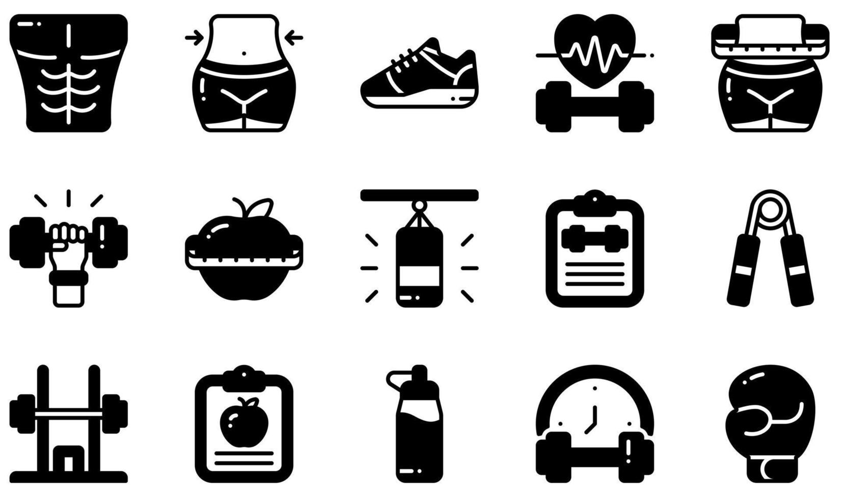 conjunto de iconos vectoriales relacionados con la aptitud. contiene íconos como six pack, cintura, cintura, mancuerna, bolsa de boxeo, bolsa de boxeo y más. vector