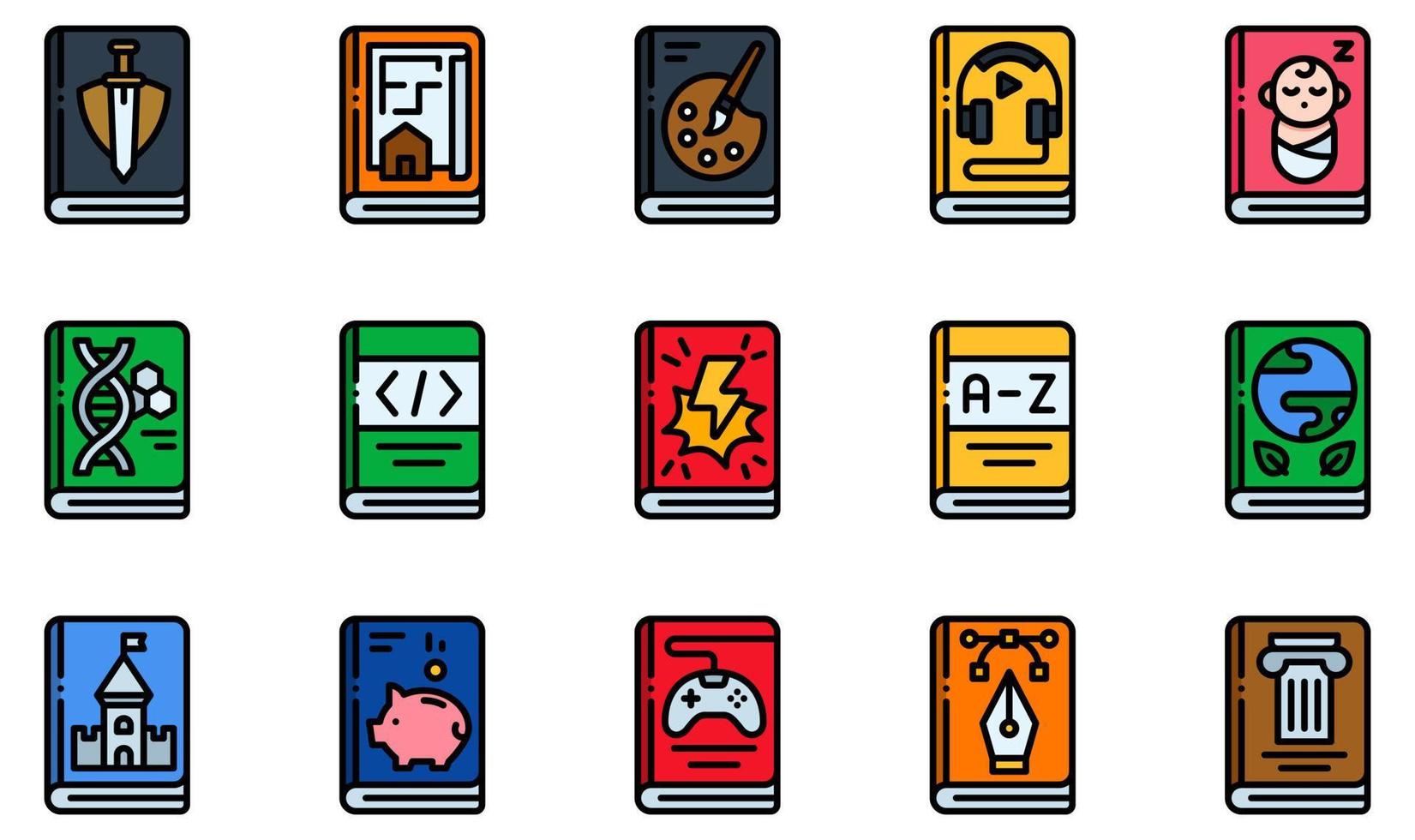 conjunto de iconos vectoriales relacionados con libros. contiene íconos como libro de aventuras, libro de arte, audiolibro, libro para bebés, libro de codificación, diccionario y más. vector