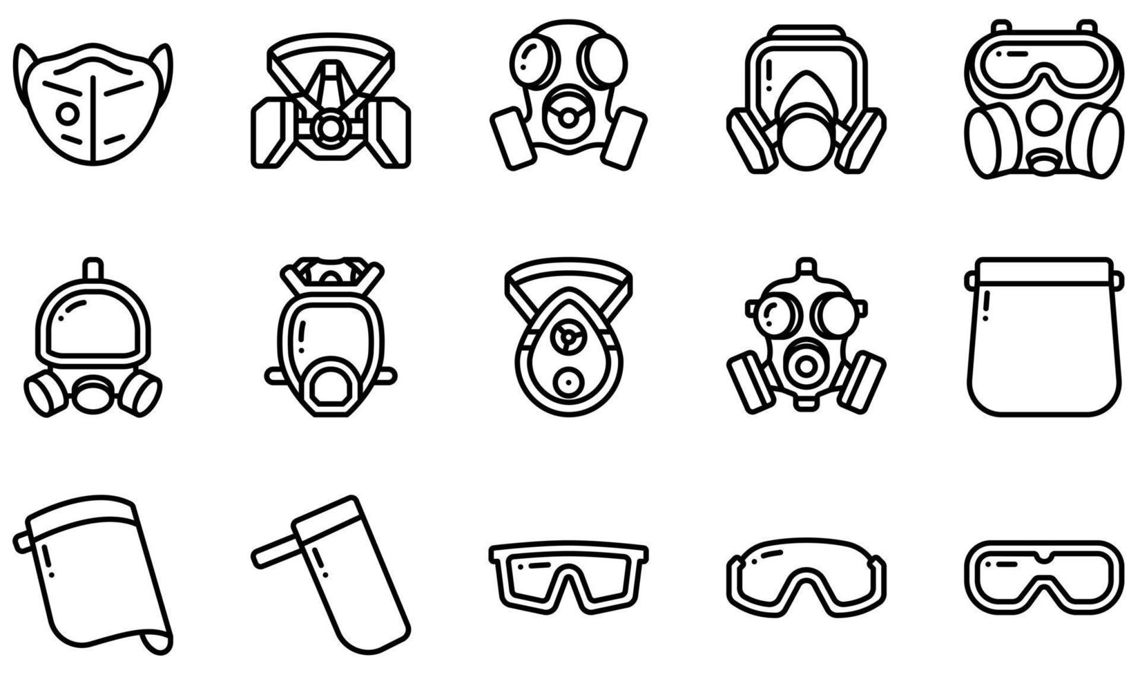 Set of Vector Icons Related to Protective Face Mask. Contains such Icons as Respirator Mask, Gas Mask, Face Shield, 4, Safety Glasses, Mask and more.