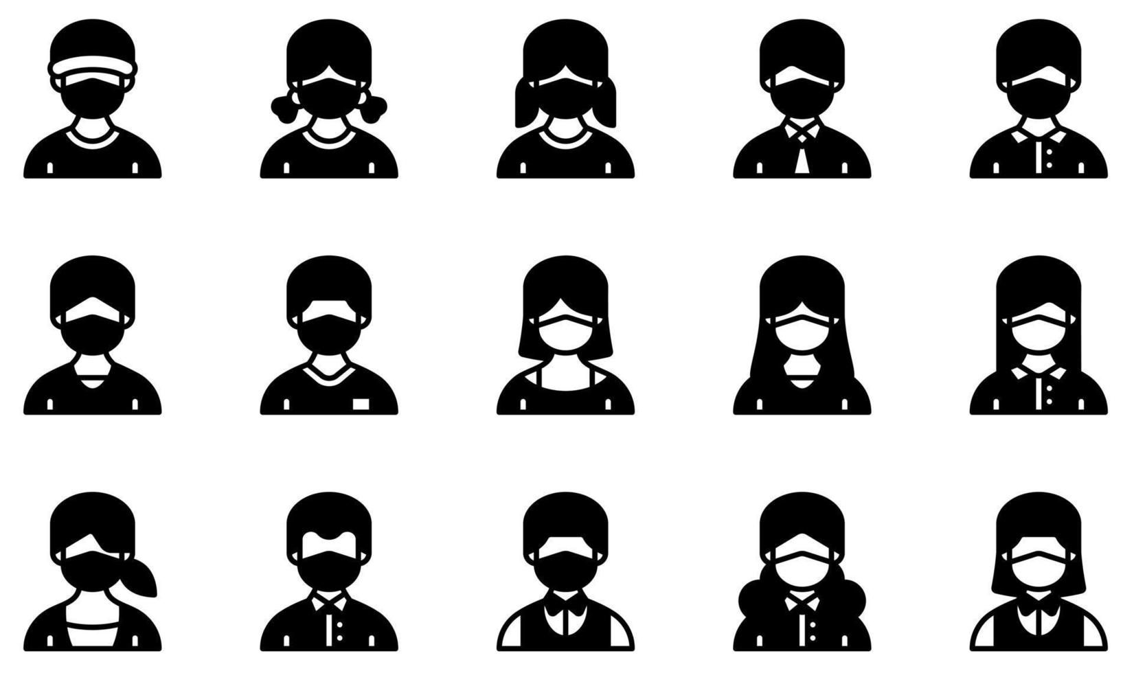 conjunto de iconos vectoriales relacionados con avatares con máscaras médicas. contiene íconos como niño, niña, hombre, 4, anciano, anciana y más. vector